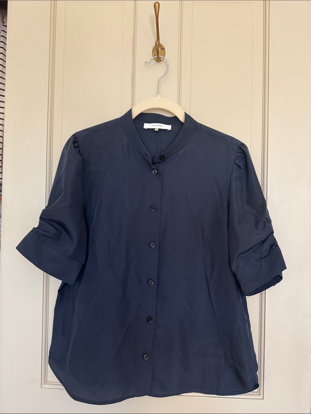 Frame Dark Navy Button-Front Short Sleeve Blouse